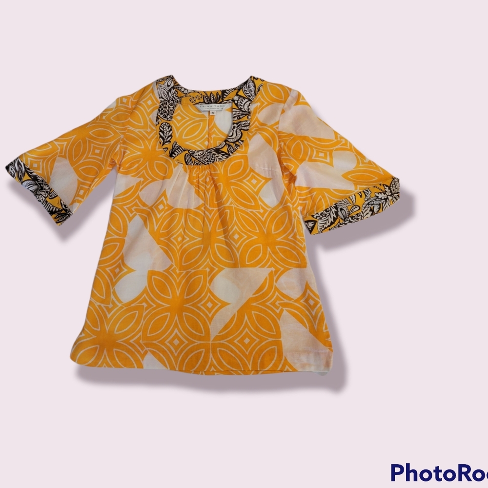 Trina Turk Tunic Boho Orange White And Black Print Blouse Small
